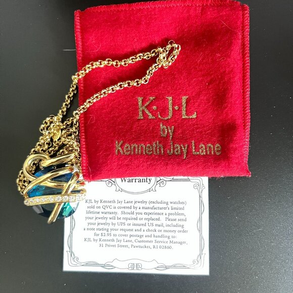 Kenneth Jay Lane KJL Signed Blue Crystal Pendant Necklace Gold-Tone Rhinestones - Picture 2 of 16
